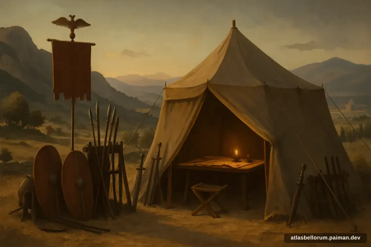 Ilustrasi simbolik Quintus Fabius Maximus Verrucosus: tenda komando & panji zamannya.