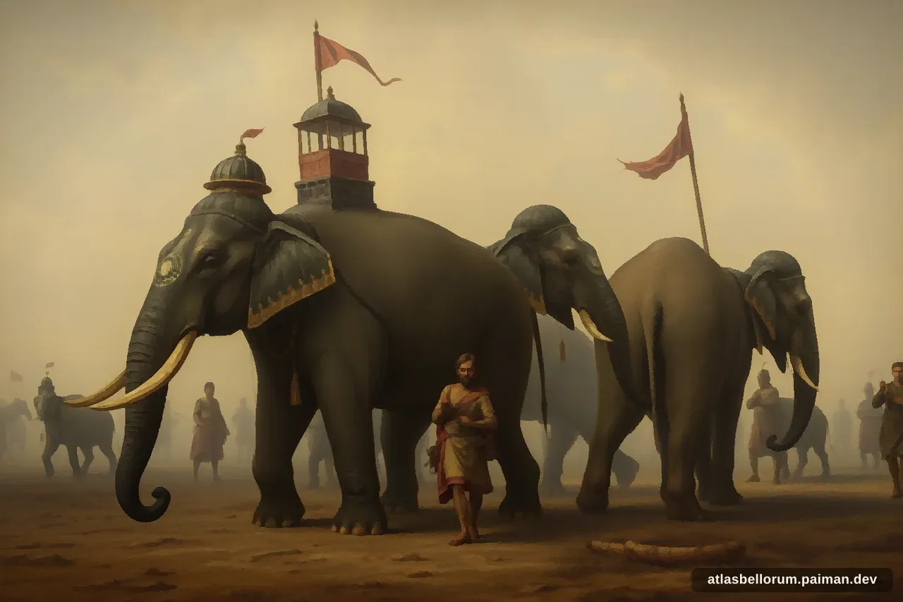 Ilustrasi simbolik Raja Poros: tenda komando & panji zamannya.