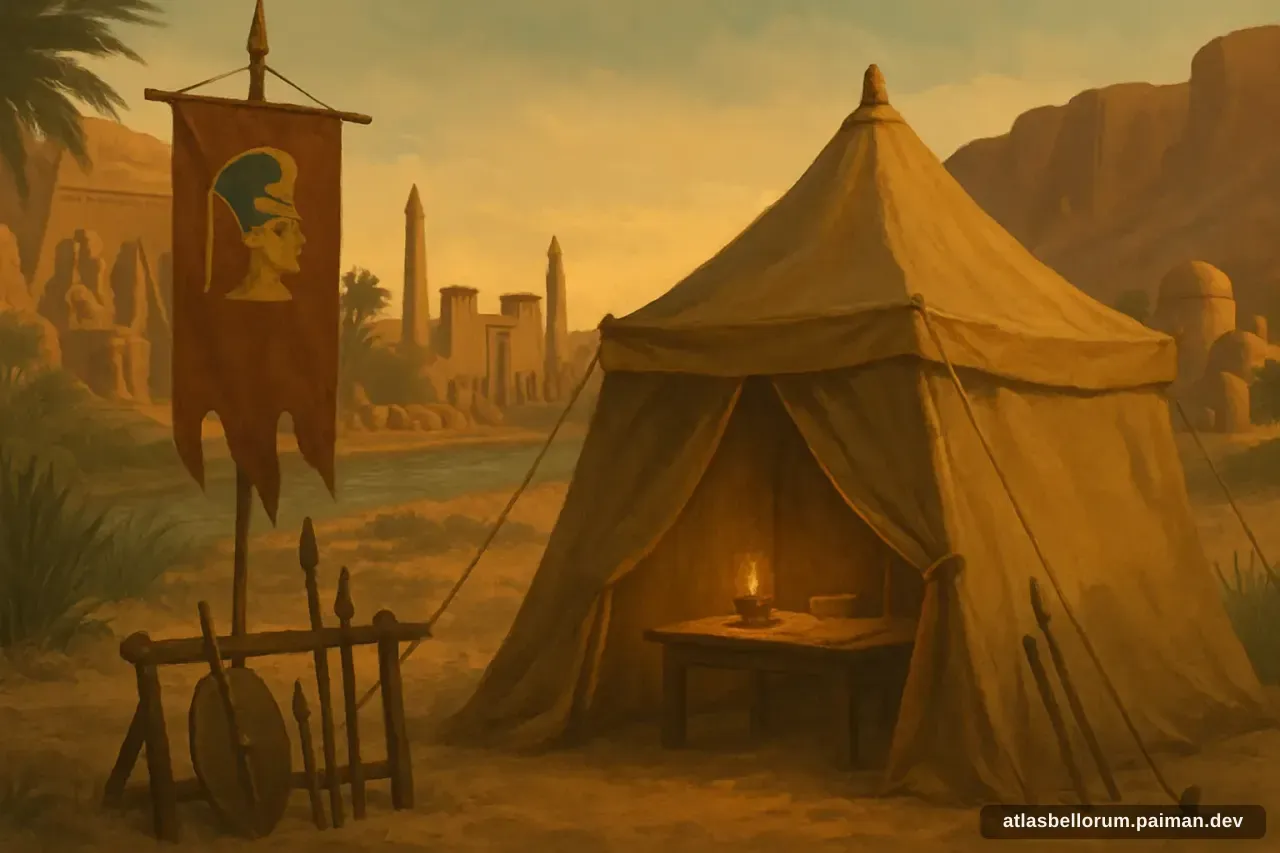 Ilustrasi simbolik Ramesses II: tenda komando & panji zamannya.