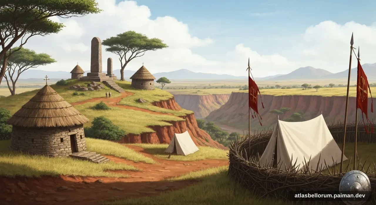 Ilustrasi simbolik Ras Alula Engida: tenda komando & panji zamannya.
