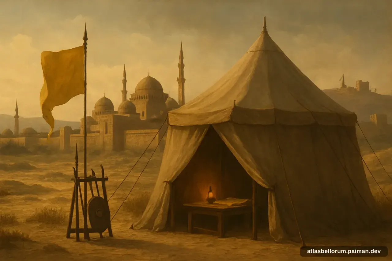 Ilustrasi simbolik Salahuddin al-Ayyubi: tenda komando & panji zamannya.