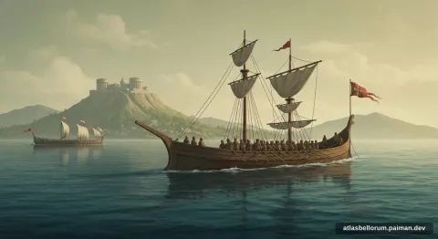 Ilustrasi lanskap medan Pertempuran Salamis (Klasik, 480 SM).