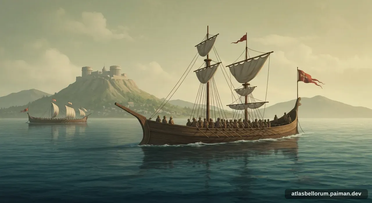 Ilustrasi lanskap medan Pertempuran Salamis (Klasik, 480 SM).