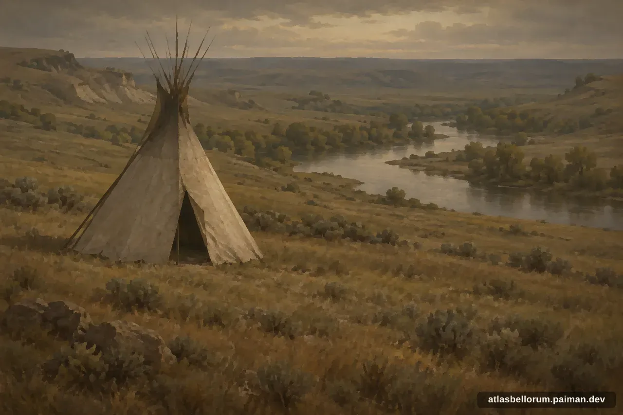 Ilustrasi AI konseptual tipi kosong di lereng berumput Great Plains; bukan rekonstruksi kamp pribadi Sitting Bull.