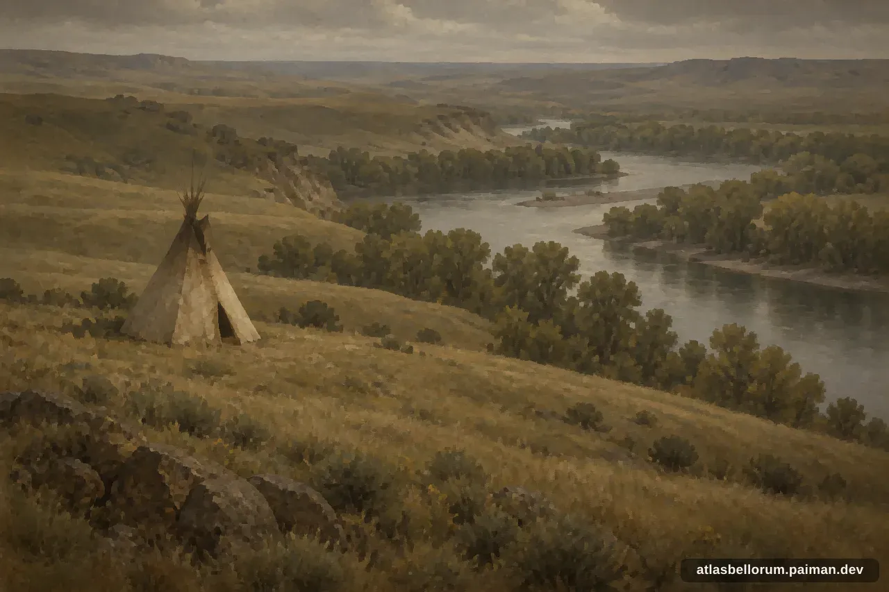 Ilustrasi AI konseptual lembah sungai Great Plains dengan pepohonan dan tipi kecil; bukan peta lokasi pertempuran.