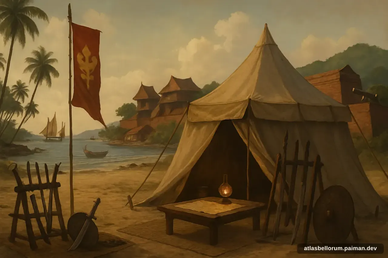Ilustrasi simbolik Sultan Hasanuddin: tenda komando & panji zamannya.