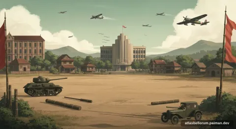 Ilustrasi lanskap medan Pertempuran Surabaya (Nuklir & Modern, 1945 M).