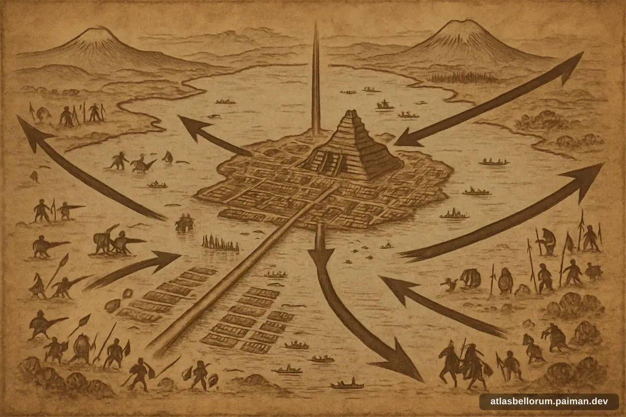Peta taktik bergaya posisi pasukan pada Jatuhnya Tenochtitlan.