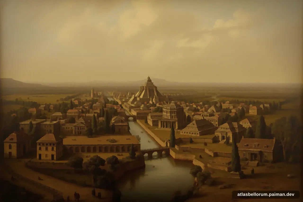 Ilustrasi lanskap medan Jatuhnya Tenochtitlan (Mesiu Awal, 1521 M).