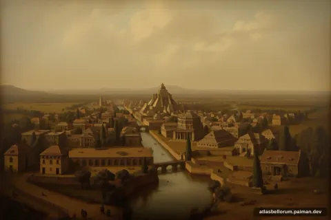 Ilustrasi lanskap medan Jatuhnya Tenochtitlan (Mesiu Awal, 1521 M).