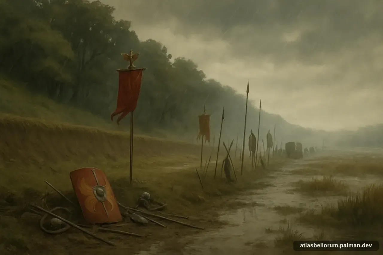 Ilustrasi lanskap medan Pertempuran Hutan Teutoburg (Klasik, 9 M).