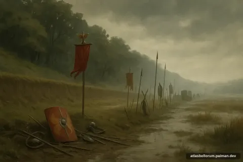 Ilustrasi lanskap medan Pertempuran Hutan Teutoburg (Klasik, 9 M).