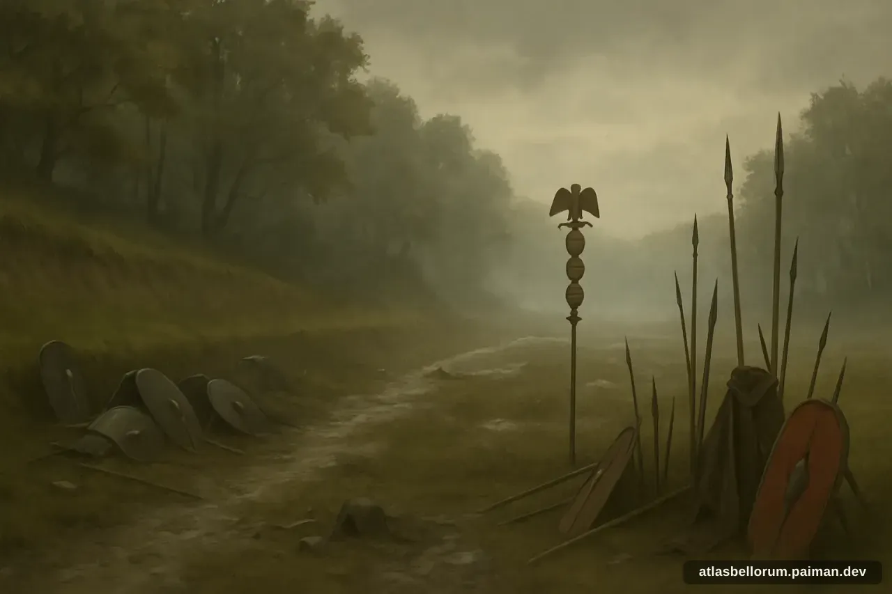 Ilustrasi suasana simbolik terkait Pertempuran Hutan Teutoburg.