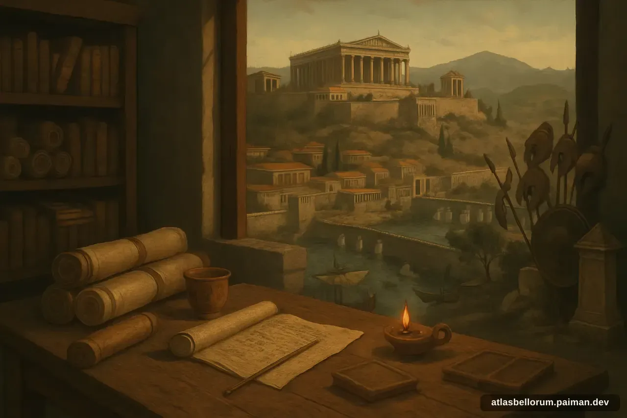 Ilustrasi simbolik Thucydides: meja kerja & naskah zamannya.