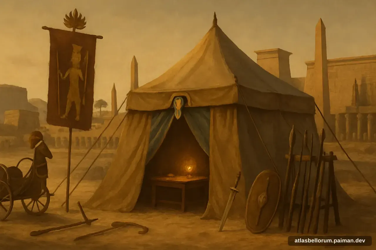 Ilustrasi simbolik Thutmose III: tenda komando & panji zamannya.