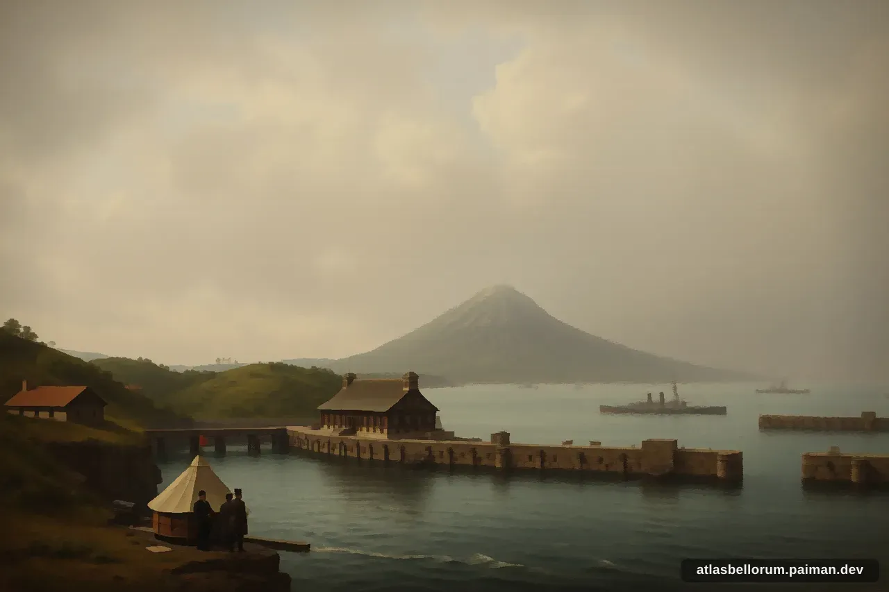 Ilustrasi simbolik Tōgō Heihachirō: tenda komando & panji zamannya.