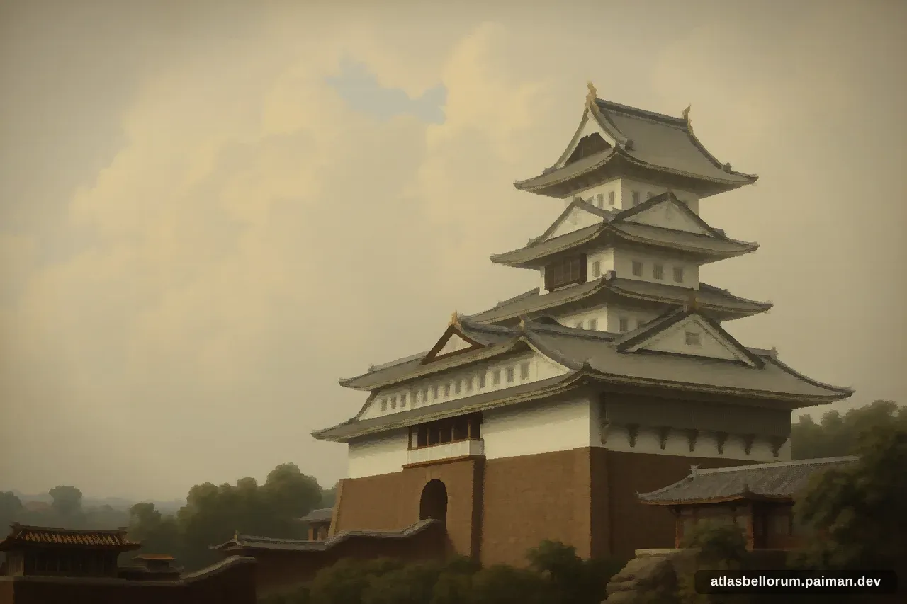 Ilustrasi simbolik Tokugawa Ieyasu: tenda komando & panji zamannya.