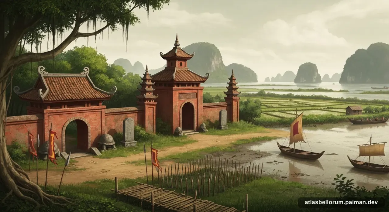 Ilustrasi simbolik Trần Hưng Đạo: tenda komando & panji zamannya.