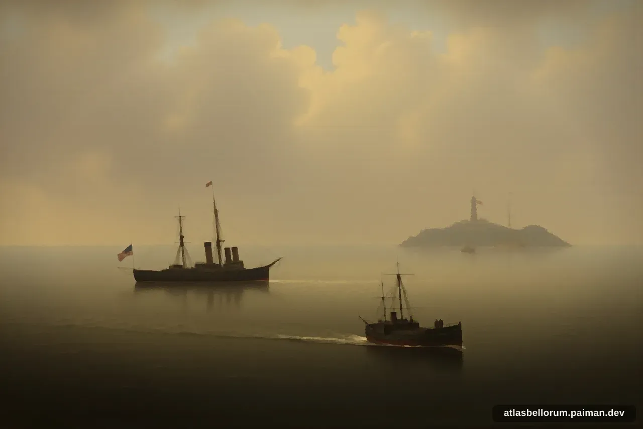 Ilustrasi lanskap medan Pertempuran Selat Tsushima (Industrialisasi, 1905 M).
