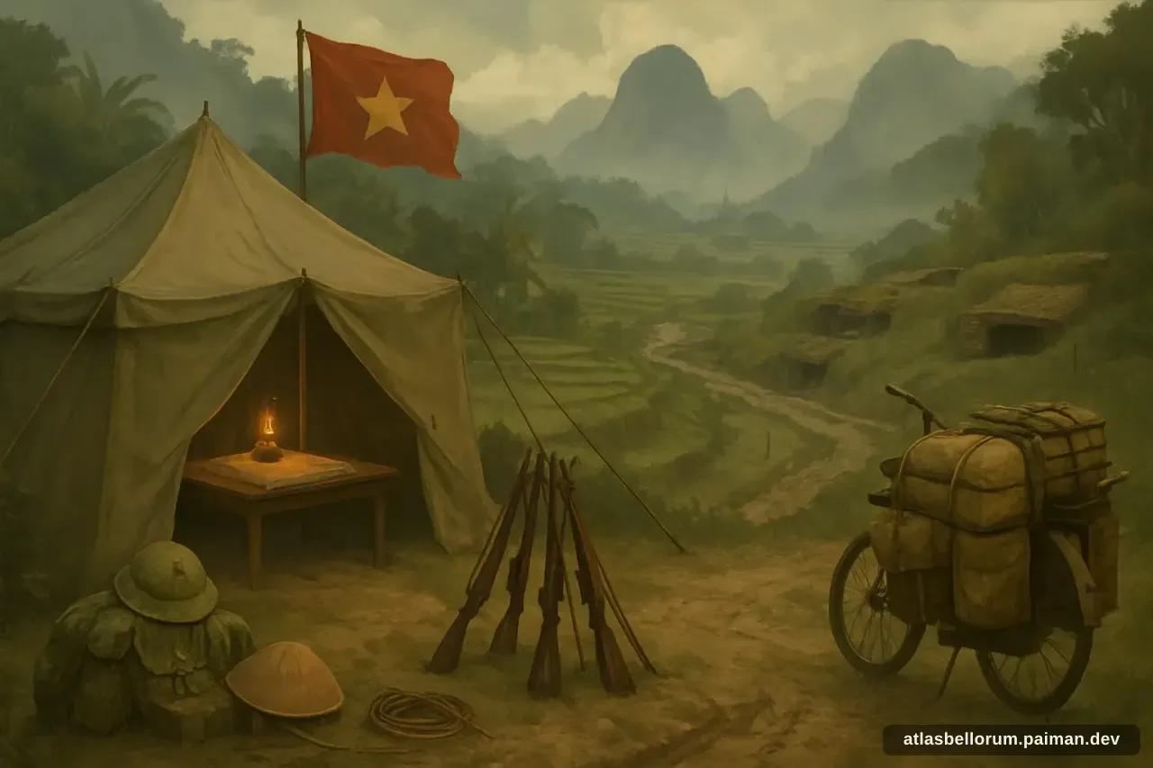 Ilustrasi simbolik Võ Nguyên Giáp: tenda komando & panji zamannya.