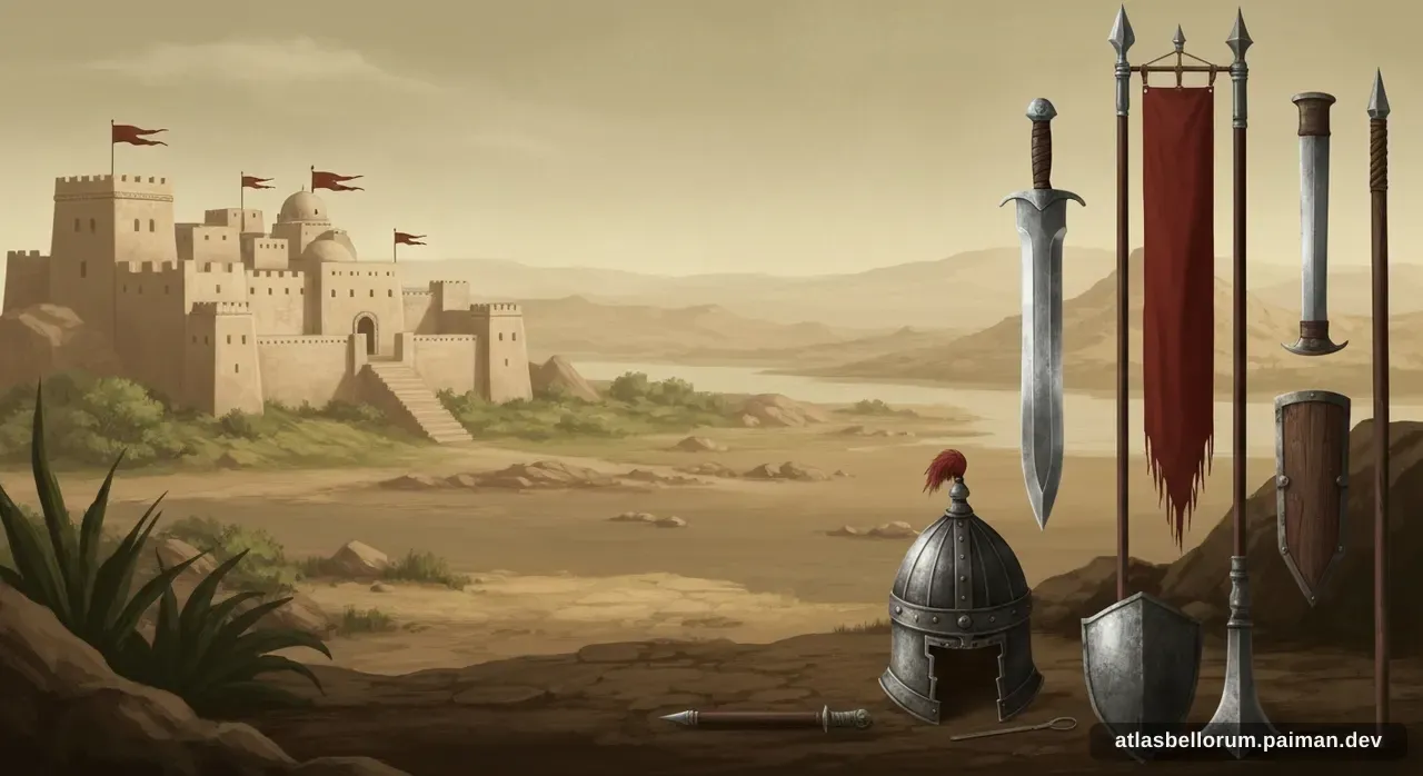 Ilustrasi persenjataan khas era Pertempuran Yarmuk.