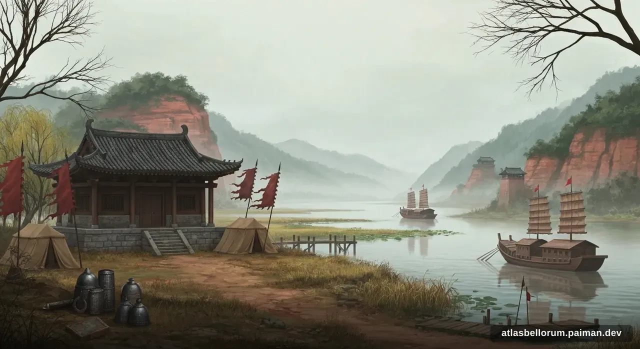 Ilustrasi simbolik Zhou Yu: tenda komando & panji zamannya.