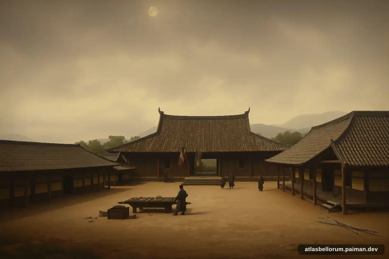 Ilustrasi simbolik Zhuge Liang: tenda komando & panji zamannya.